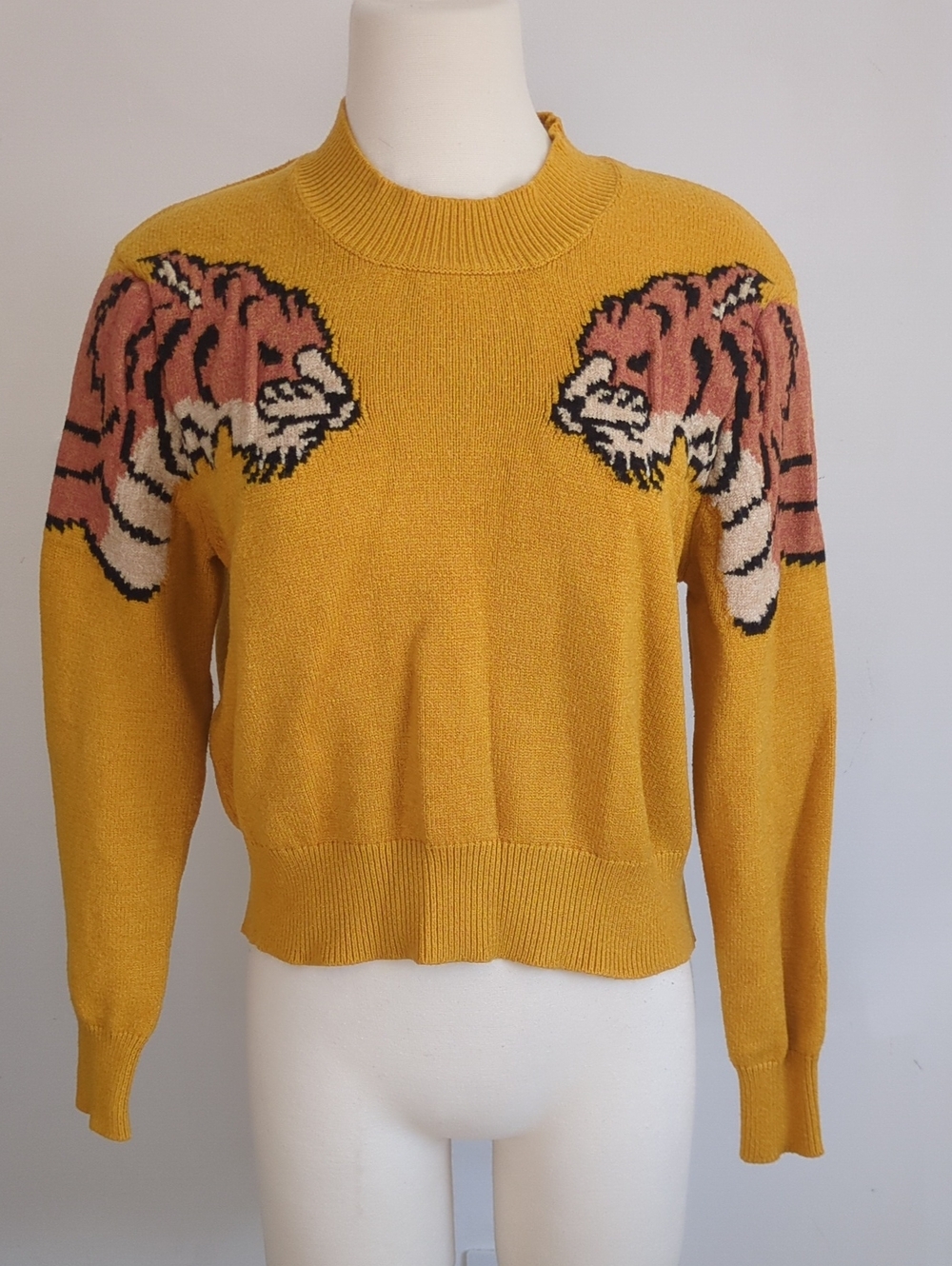 MINKPINK Mustard Yellow Tiger Intarsia Crew Sweater